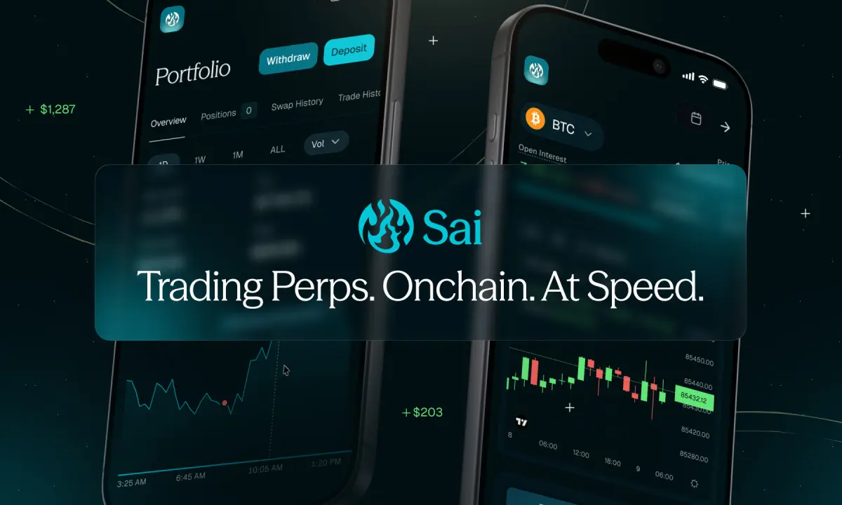 Sai Perps onchain crypto trading app interface showing BTC perpetual futures chart