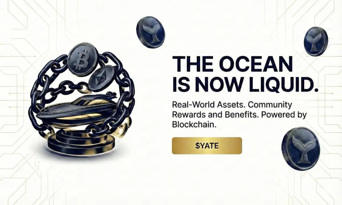 Blockchain graphic showing liquid assets and coins promoting $YATE Token Presale