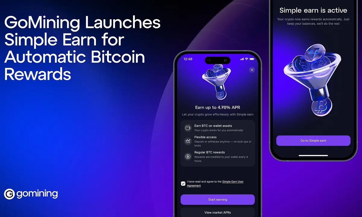 GoMining Simple Earn automatic Bitcoin rewards feature shown on crypto mobile earning app interface