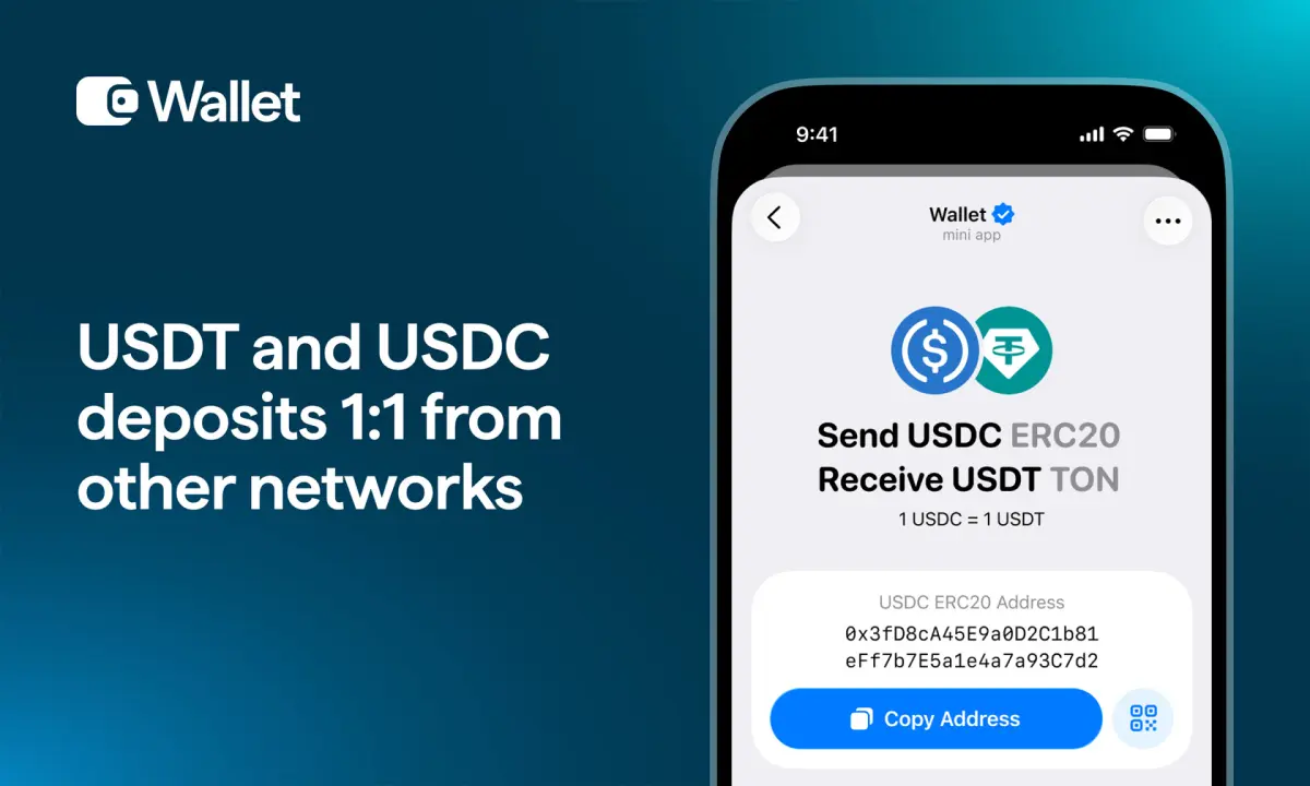 TON Wallet cross chain deposits showing USDT and USDC 1:1 transfer feature on mobile wallet app