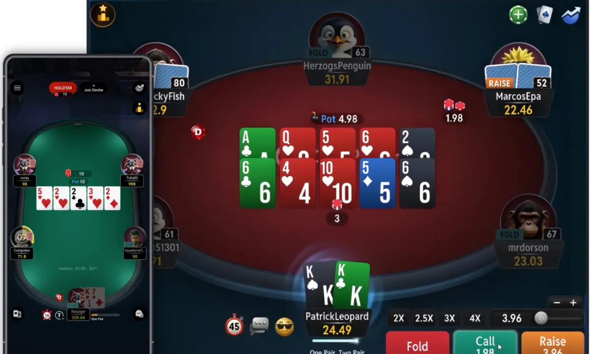 CoinPoker Rake Free Poker table on mobile and desktop with Texas Hold'em hand