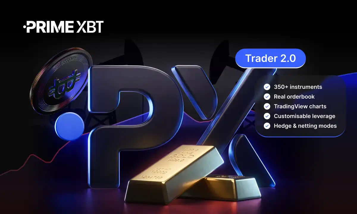 PXTrader 2.0 Trading Platform by PrimeXBT with Bitcoin coin, gold bars and advanced trading features