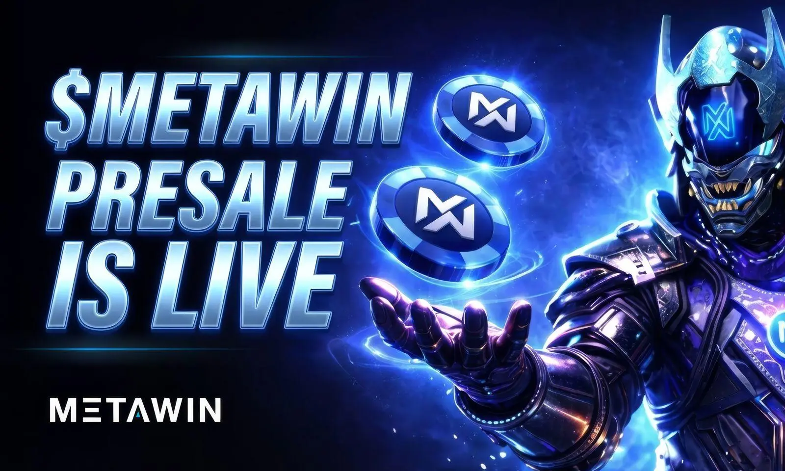 Metawin presale is live with futuristic crypto tokens and digital warrior illustration