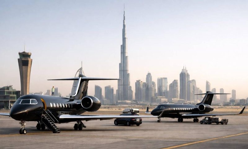 Private jet on tarmac during the 1win VIP evacuation Dubai operation